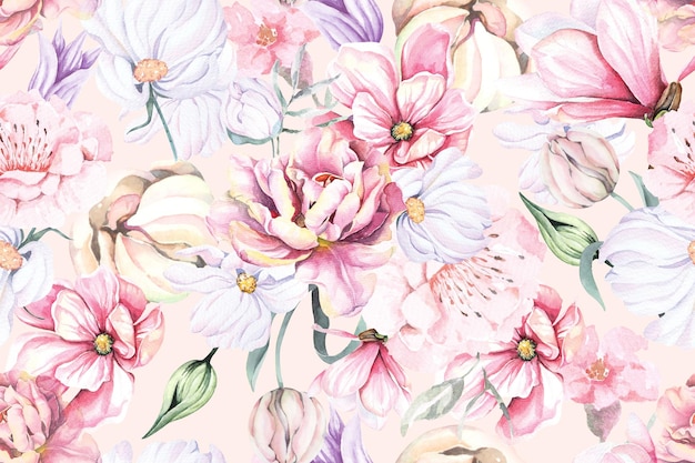 バラのコスモスと花の模様と布地と壁紙用の水彩画花の背景
