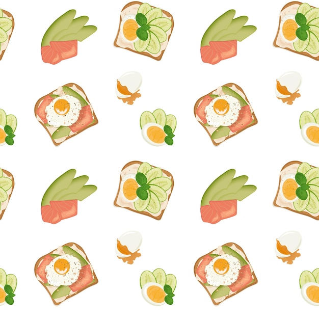 Pattern sandwich with avocado, red fish and egg. View from above