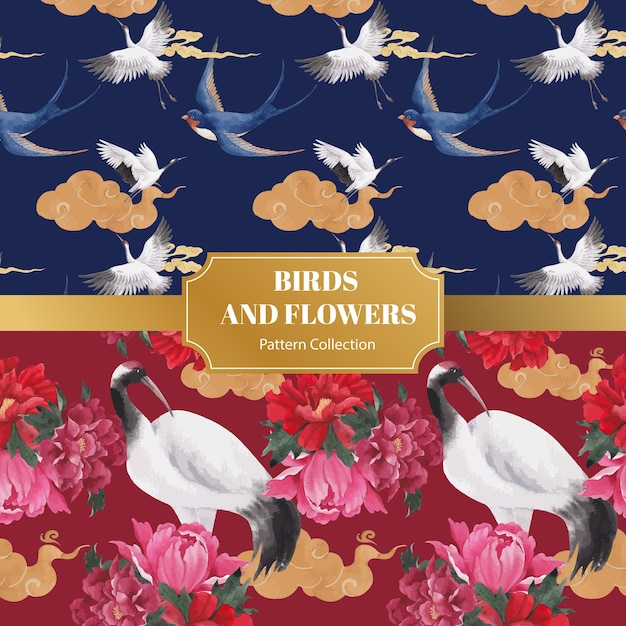 ベクトル 鳥と中国の花のコンセプト、水彩スタイルのパターンseamleas