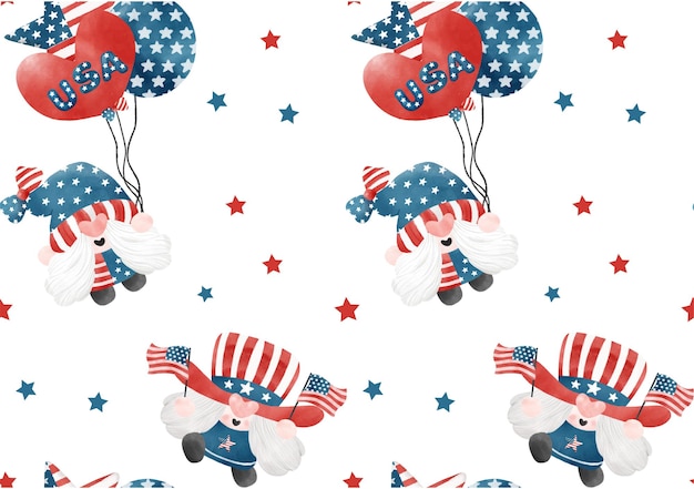 Motivo di sfondo senza cuciture 4 luglio gnome patriotic con palloncini che celebrano l'illustrazione dell'acquerello del fumetto del giorno dell'indipendenza dell'america