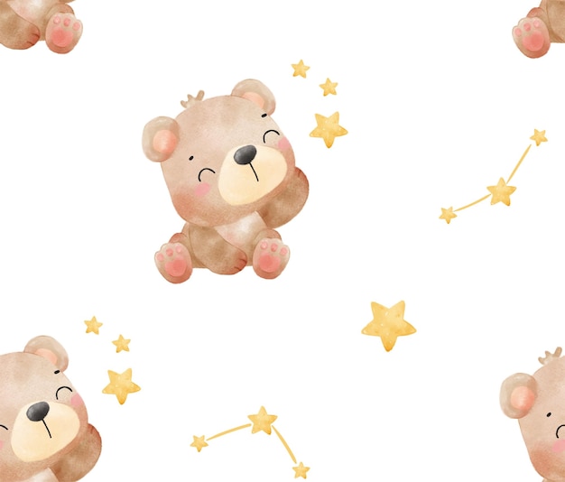 Vector pattern seamless background cute teddy bear with stars animal watercolor cartoon illustration vector