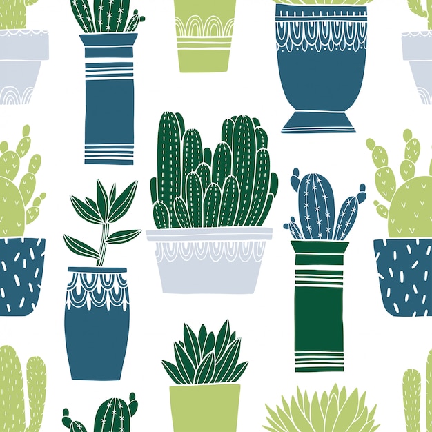 Pattern seamless cactus pot and succulent in sketch style