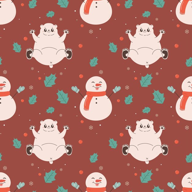 Pattern seamless cute polar white polar bear and snowman winter christmas Vector illustration