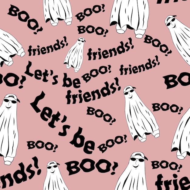 Pattern seamless of friendly smiling ghost in black and white style saying BOO Let's be friends