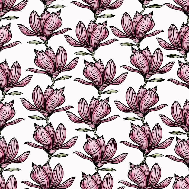 Vector pattern seamless with black magnolia outline spring flowers handdrawn vector illustration