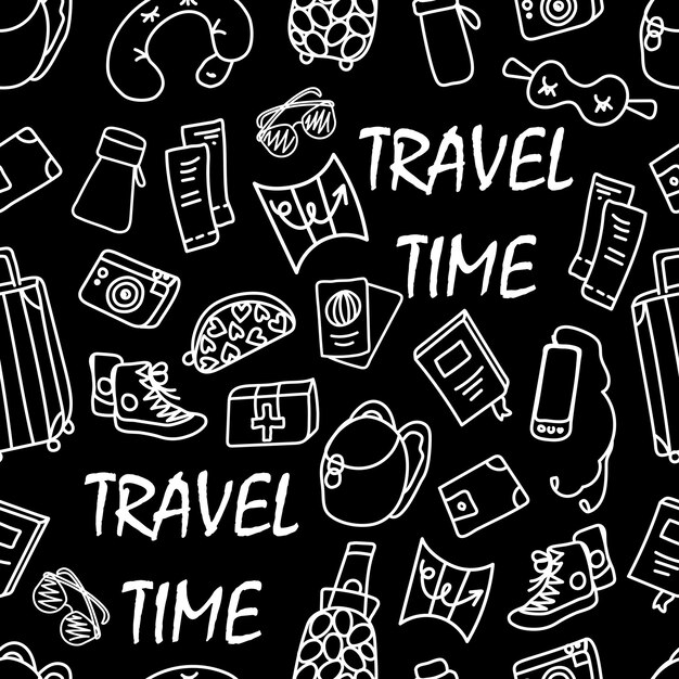 pattern set of items for travel tourism on black