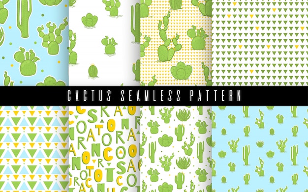 Pattern set seamless cactus and succulent in style. flat drawing element design.