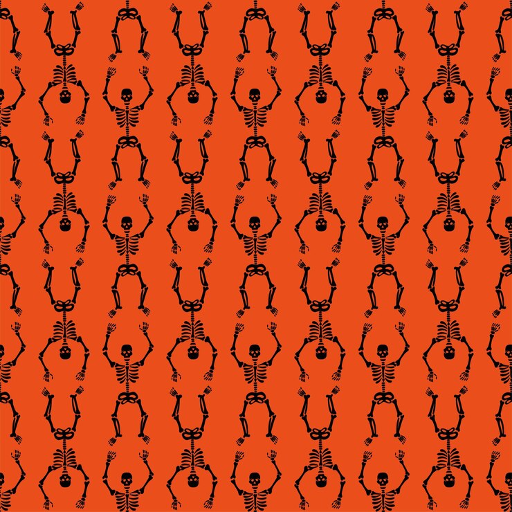 Pattern of skeletons on a orange background