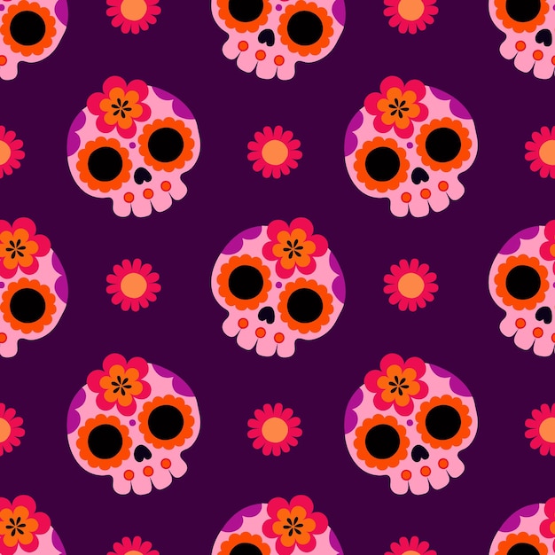 Vector pattern of skulls and flowers in mexican style background for design textile wrapping cinco de mayo