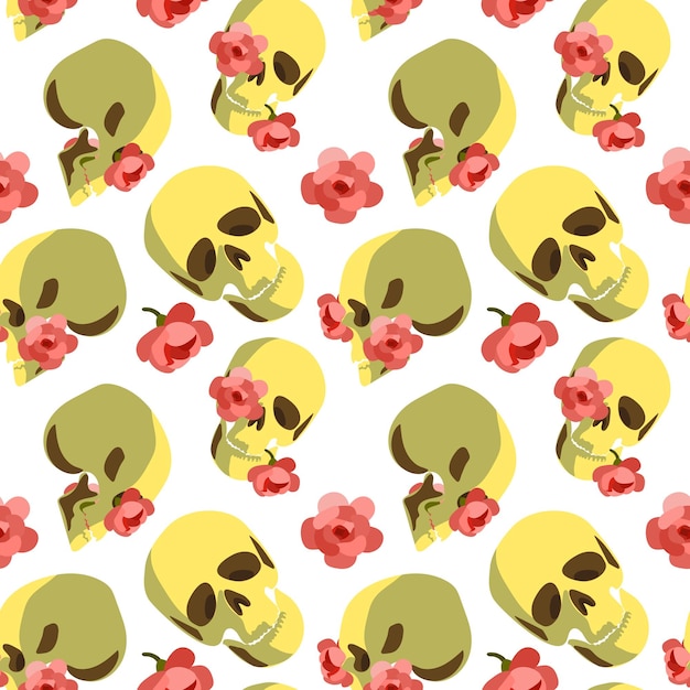 Vector pattern of skulls with flowers background with portraits human skulls and flowers inside background