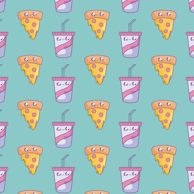 Pattern of slice pizza with beverages bottles kawaii style