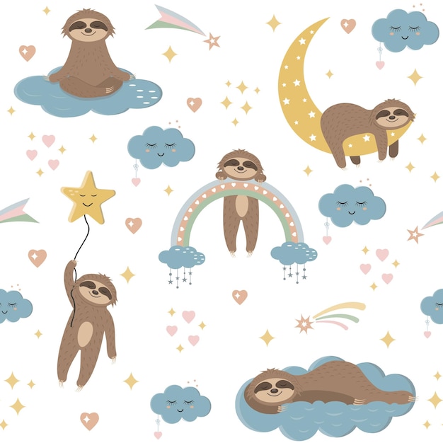 Pattern of Sloths in the sky among clouds, stars and rainbows, children's wallpaper textile