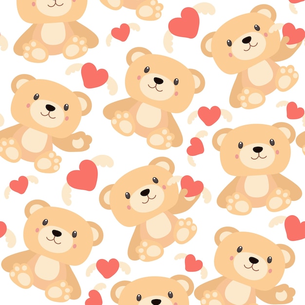 Pattern of soft toys a beige bear with a toy in his hands and in different poses background