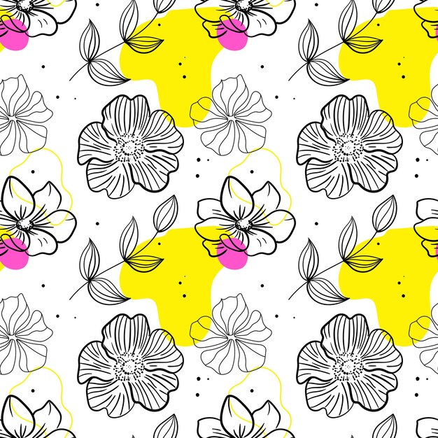 Pattern of spring flowers in black yellow and pink shades