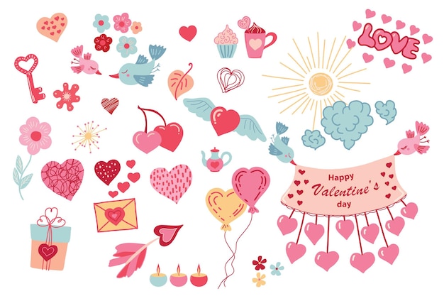 Vector pattern st valentines day collection of cute elements hearts and love vector