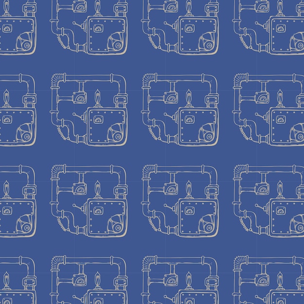 파이프, 기어 및 기타 기계적 요소로 스팀펑크를 패턴화합니다. 파란색 배경입니다.