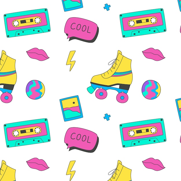 Vector pattern in the style of the 80s and 90s with elements and objects of the past