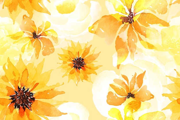 Узор из подсолнуха и цветущих цветов акварелью для ткани и обоев. Ботанический узор