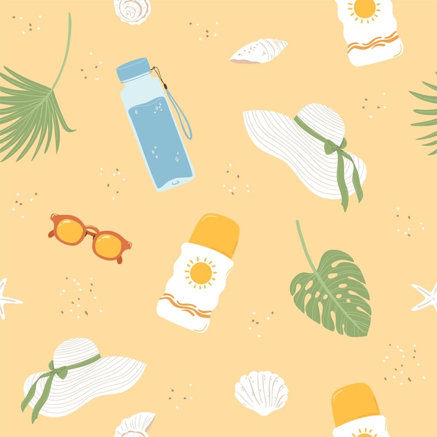 Pattern sunscreen with SPF Illustration hand drawn summer cosmetic in flat style for wallpaper fabric and textiles Skin care products skin from uv Vector Illustration