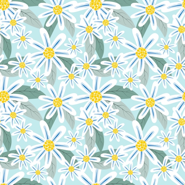 Pattern Sweet Daisy Flowers and leaves on Bright Blue Background