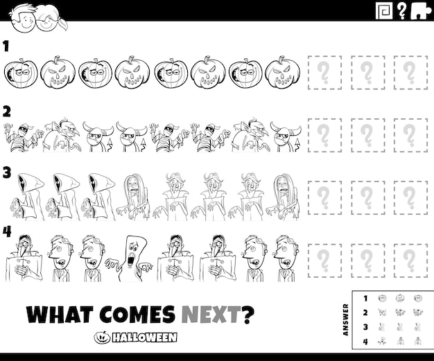 Pattern task with comic halloween characters coloring page