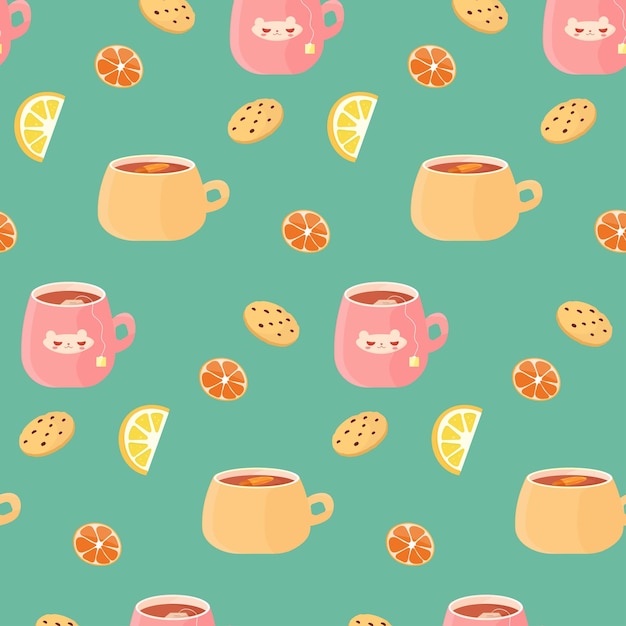 Vector pattern tea with lemon and cookies