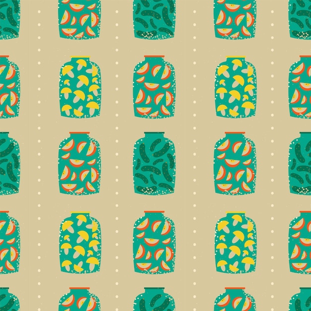 Pattern on the theme of conservation Square template with cucumbers mushrooms apples closed in jars