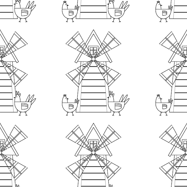 Pattern on the theme of the village Square pattern with birds chickens and windmills Vector linear illustration