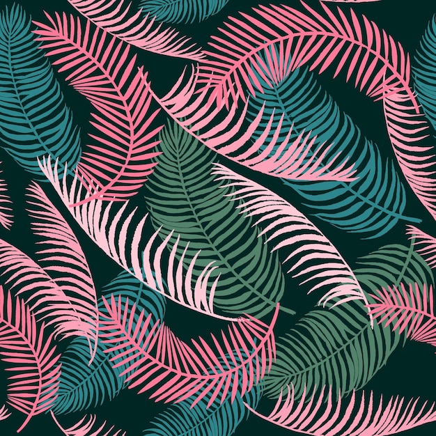 Vector pattern of tropical leaves on a dark background in shades of green and coral