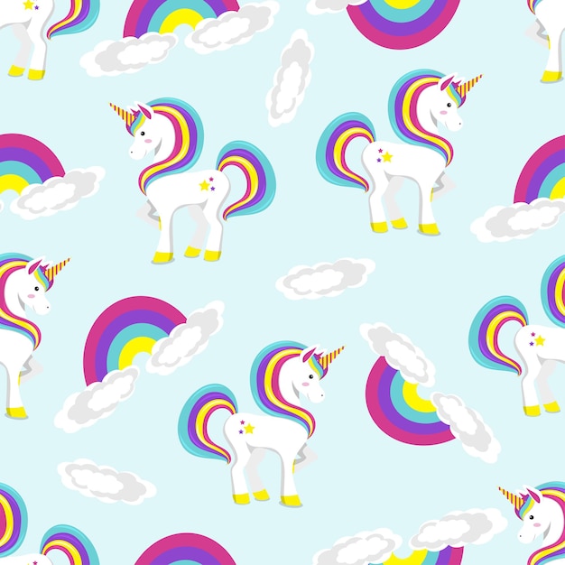 Pattern of unicorn standing on rainbow. Flat vector illustaration.