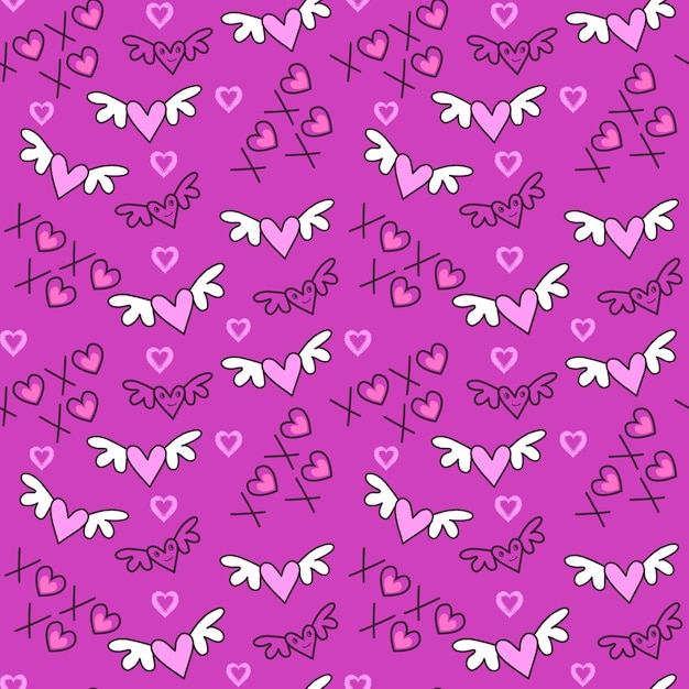 Vector pattern valentines day cute cartoon doodles with love wings