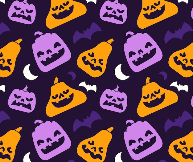 Pattern of various pumpkin silhouette with face and halloween element.