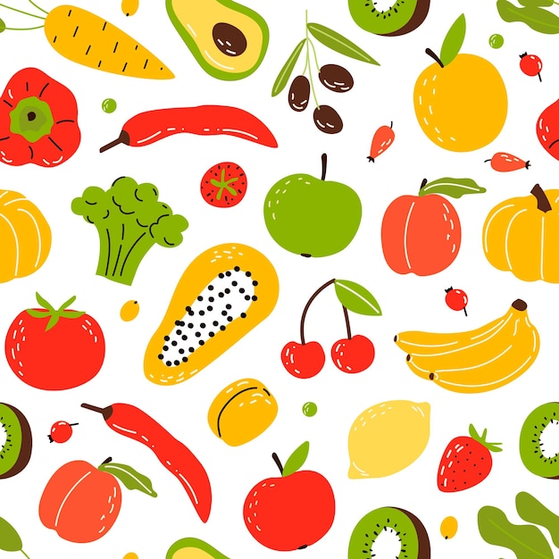 Pattern of vegetables and fruits in a simple cartoon style