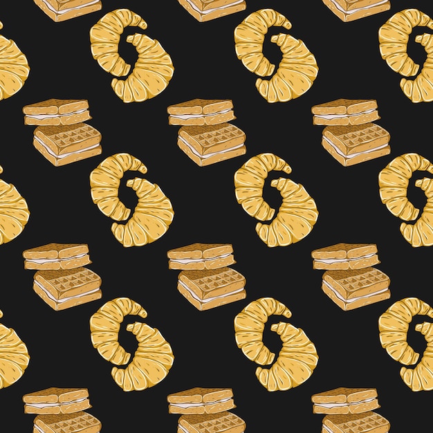 Pattern of waffles and bagels on a dark background