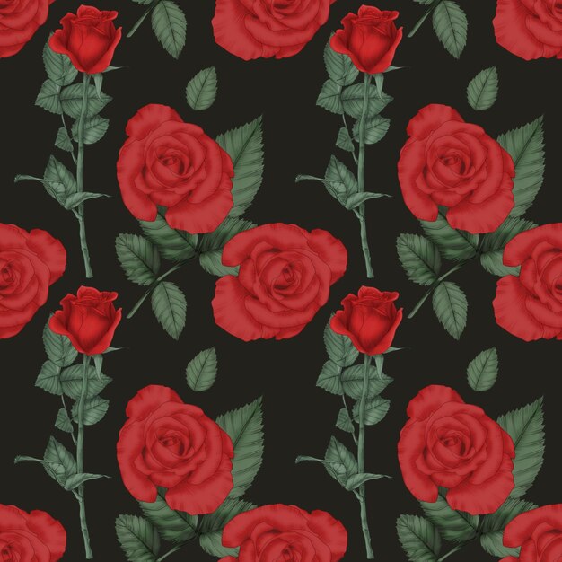 Vector pattern a wallpaper with red roses and green leaves