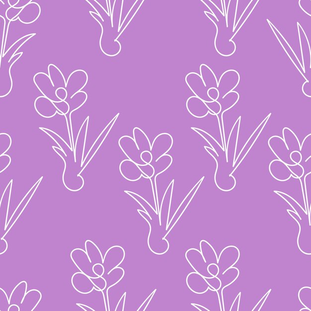 pattern white contour flowers crocuses on a lilac