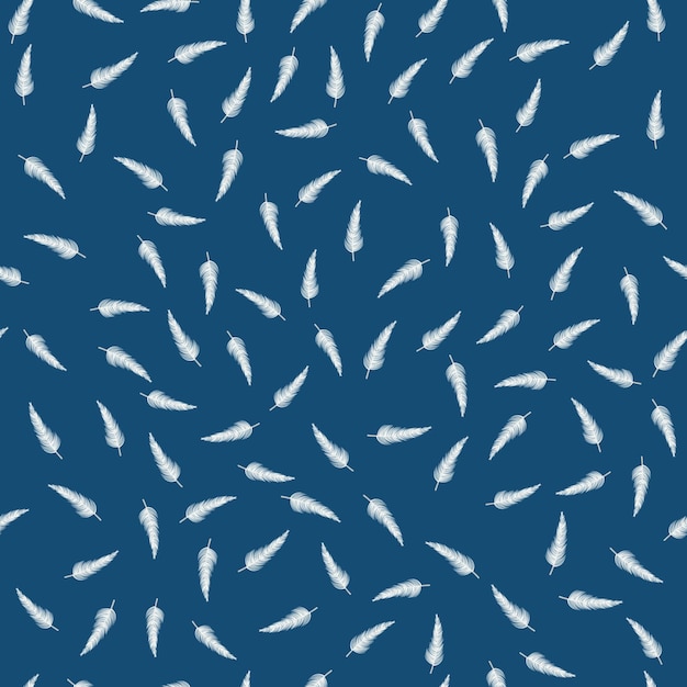 Pattern of white feathers. Bird Nibs fall on a blue background Flight of fluff Seamless minimalistic