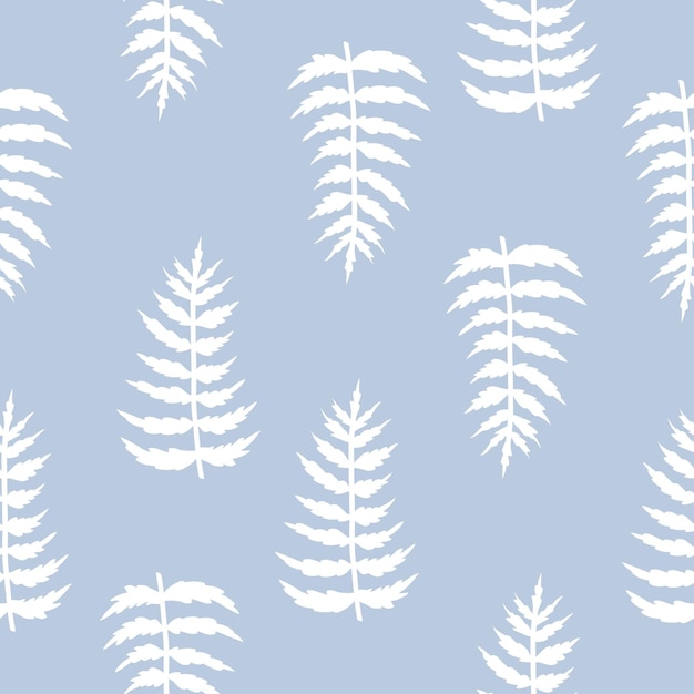 Vector pattern white fern on a blue backdrop. seamless. floral print. vector texture. abstract. leaves.