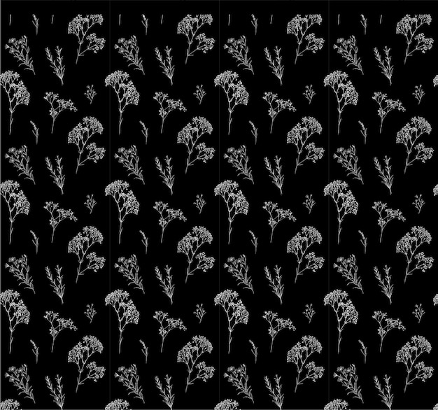 A pattern of white flowers on a black background.