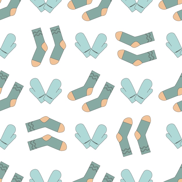 pattern of winter warm clothes socks and mittens in line art style for gift wrapping, wrapping paper