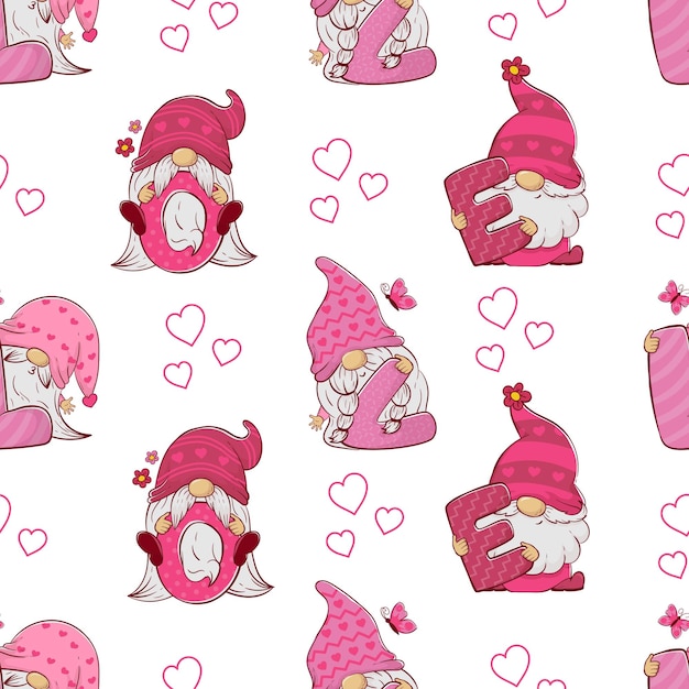 Pattern with adorable cartoon gnomes holding letters that spell out the word love