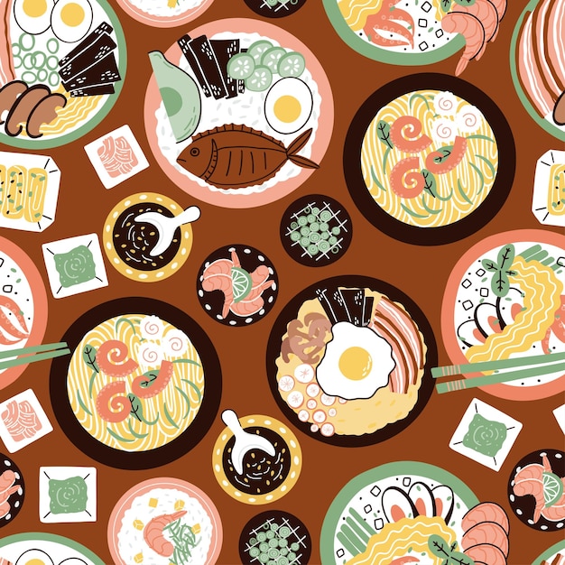 Vector pattern with asian dishes hand drawn vector illustration in flat style