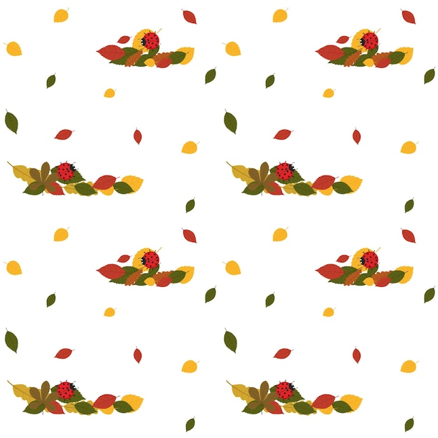 Pattern with autumn leaves and a red ladybug. Vector illustration