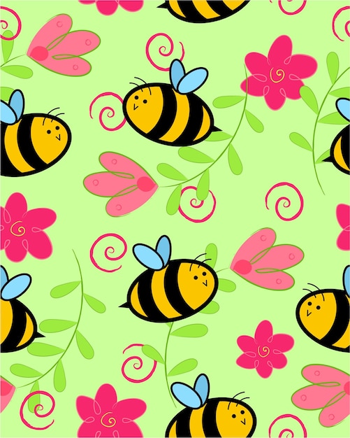 벡터 꿀벌과 귀여운 꽃 패턴