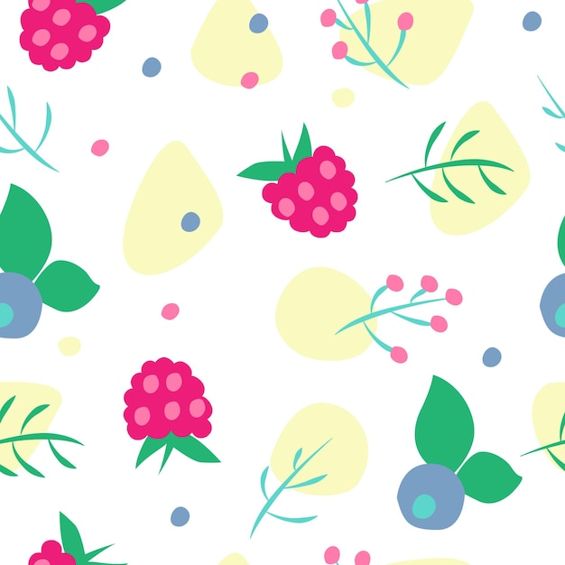 Pattern with berries raspberries and blueberries and abstract elements on a white background