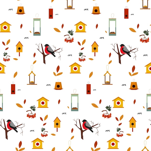 Pattern with birds feeders and birdhouses