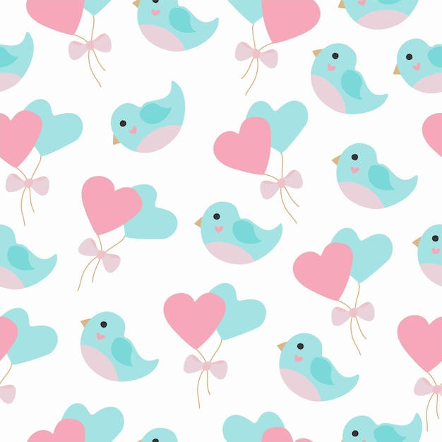 A pattern with birds and heart balloons