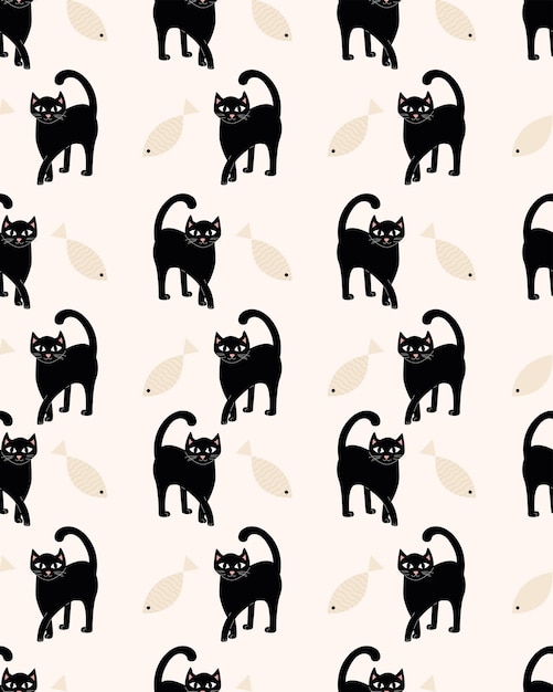 Pattern with black cats and beige fish on a beige background. Vector illustration