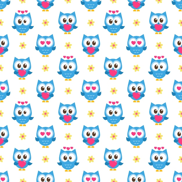 Pattern with blue owls with hearts