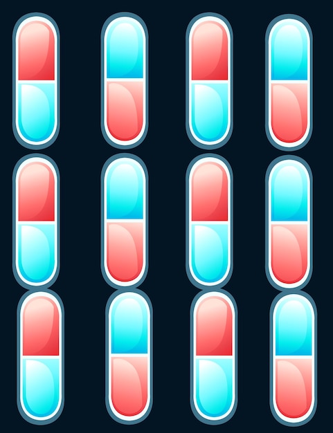 Vector pattern with blue red pills group flat vector illustration on dark background